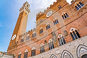 View of the Mangia Tower or Torre del Mangia and the Palazzo Pubblico