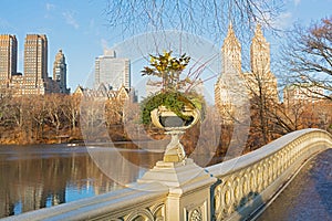 A view on Manhattan from the Bow bridge in Central Park, New York City.