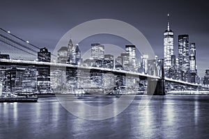 View of Manhattan and Brooklin Bridge by night, New York City