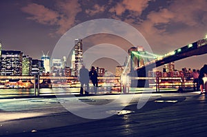 View of manhattan and Brooklyn bridge at night