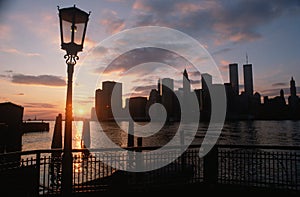 View of Manhattan from the Brooklyn Bridge at sunset, New York City, New York