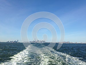 View of Manhattan, Brooklyn, and Jersey City from Staten Island Ferry.