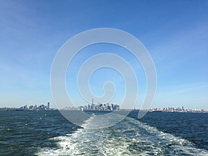 View of Manhattan, Brooklyn, and Jersey City from Staten Island Ferry.