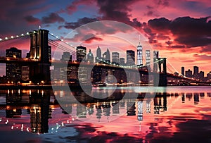 View of Manhattan,NYC from Williamsburg bridge at sunset