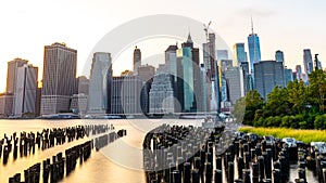 View of Manhattan skyline and Brookyn bridge from Brooklyn side after sunset , New york city