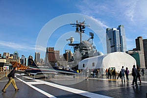 View of Manhattan Skyline from the deck of the Intrepid Museum.