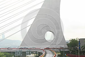 View of many cars on modern bridge photo