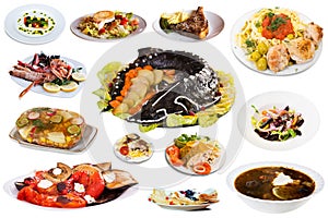 View of many plates with different food over white background