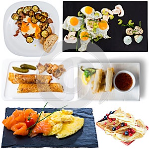 View of many plates with different food over white background