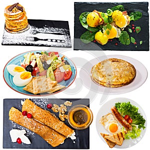 View of many plates with different food over white background