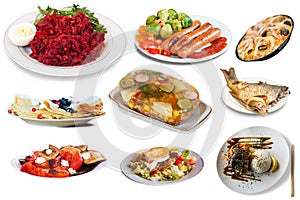 View of many plates with different food over white background