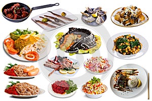 View of many plates with tasty food over white background