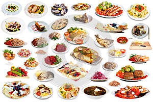 View of many plates with tasty food over white background