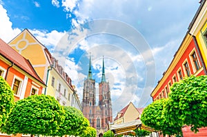 St. John the Baptist church building with two spires in old historical city centre, Ostrow Tumski, Wroclaw, Poland