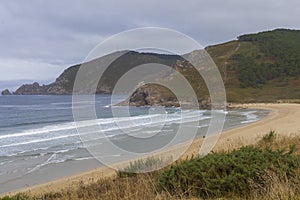 View of Mar de Fora Beach during the summer, a landmark in the Atlantic coast Galicia along the Camino de Fisterra, Spain.