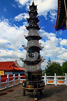 View of marble pinnacle in Medicine Buddha old temple in Jingpo lake geopark