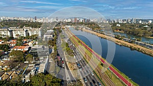 View of Marginal Pinheiros with the Pinheiros river and modern buildings in Sao Paulo, Brazil