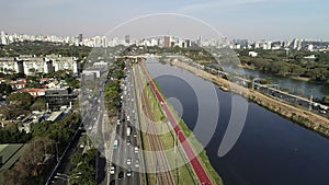 View of Marginal Pinheiros with the Pinheiros river and modern buildings in Sao Paulo, Brazil