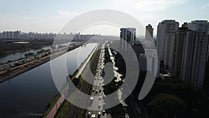 View of Marginal Pinheiros with the Pinheiros river and modern buildings in Sao Paulo, Brazil