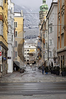 View from Maria Theresa Street at Herzog-Friedrich street with Golden Roof (Goldenes Dachl), Innsbruck, Austria