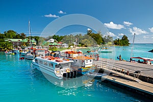 View of the marina of boats in beautiful sunny day, La Passe, La Digue Island, Seychelles.