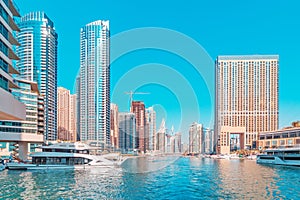 View of the Marina district with numerous residential skyscrapers and hotels. Travel destinations in the UAE concept
