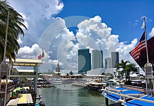 View of the Marina in Miami Bayside with modern buildings and skyline in the background