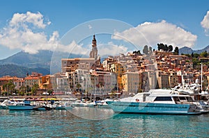 View of marina and old part of Menton, France.