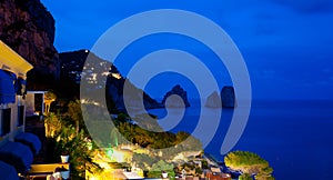 View of Marina Piccola and Faraglioni by night, Capri island