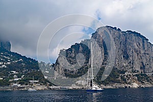 View of Marina Piccola harbor and the cliffs of the southern coast on Capri, Italy