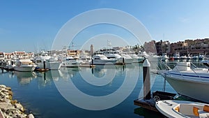 View of the Marina, restaurants and tourist area in Cabo San Lucas, southern tip of the Baja California peninsula in Mexico