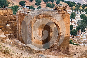 View of the Marinid Tombs ruins.  It ruined tombs on a hill above and north of Fes al-Bali, the old city of Fez, Morocco. They