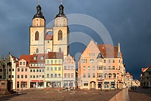 View on the market square with town hall and Stadtkirche Wittenberg in Lutherstadt Wittenberg city, Saxeny-Anhalt. Wittenberg,