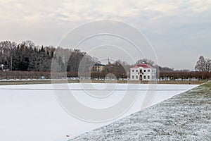 View of the Marly Palace on a frosty November day. The first snow