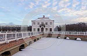 View of the Marly Palace on a frosty November day. The first snow