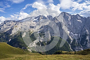 View of Marmolada from the Viel del Pan trail. Dolomites