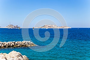 View from Marseilles to the islands of the archipelago of Frioul. On the left side island of If with the same name castle