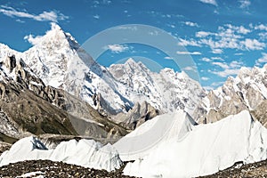 View of Masherbrum and ice mounds from Goro II campsite on a clear day, K2 Base Camp trek