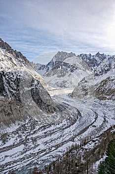 View of massive mer de glace, glacier near Chamonix in French Alps