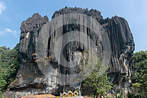 Panoramic view of massive and unusual karst rock outcrop known as Bhairaveshwara Shikhara with Bhairaveshwara temple located in photo