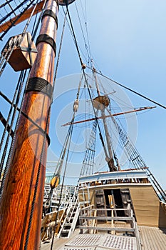 View of mast and rigging on the tall sail ship.