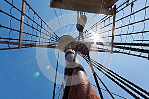 View of mast and rigging on the tall sail ship.