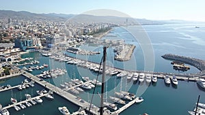 View of the mast of the yacht and rotation around the axis with a view of the Limassol, Cyprus 2019