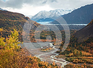 View of Matanuska River from highway , Alaska in fall season.