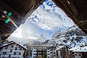 view of Matterhorn through hotel window in Zermatt