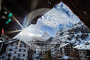 view of Matterhorn through hotel window in Zermatt