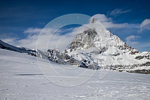 view of Matterhorn peak against blue sky Swiss Alps