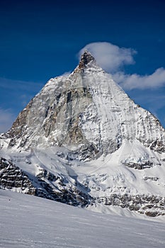 view of Matterhorn peak against blue sky Swiss Alps