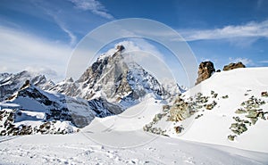 view of Matterhorn peak against blue sky Swiss Alps