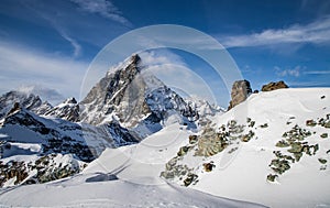 view of Matterhorn peak against blue sky Swiss Alps